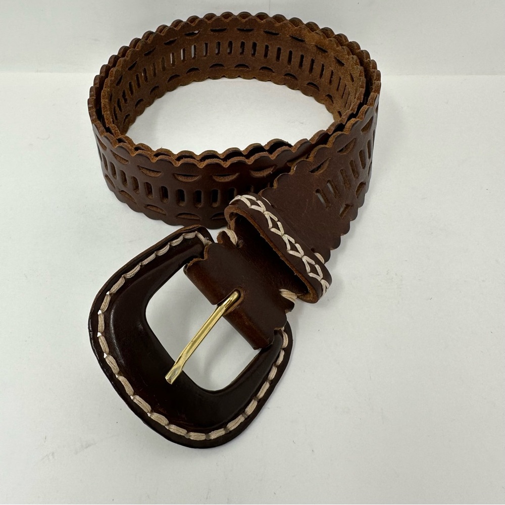 Italian Made Scalloped Belt Genuine Leather Brown Size M